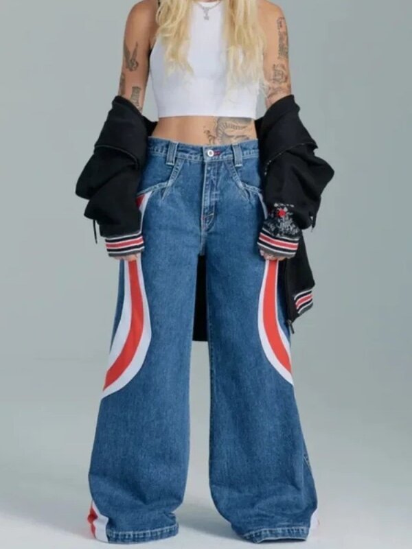 Джинсы-багги HOUZHOU Y2k женские в стиле оверсайз, винтажные брюки из денима в стиле пэчворк, уличная одежда в стиле Харадзюку, брюки в Корейском стиле, с широкими штанинами в стиле хип-хоп