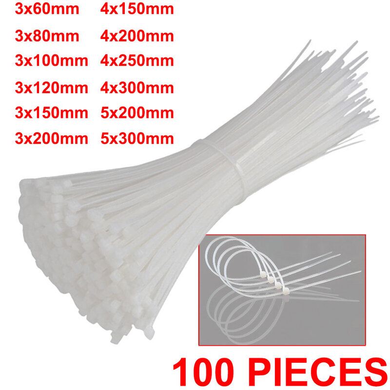 Auto-bloqueio plástico Nylon Cable Tie, branco, Assorted Fixação Anel, Planta Fixar, Organizador Cabo Zip Tie, Jardim Industrial, 100pcs