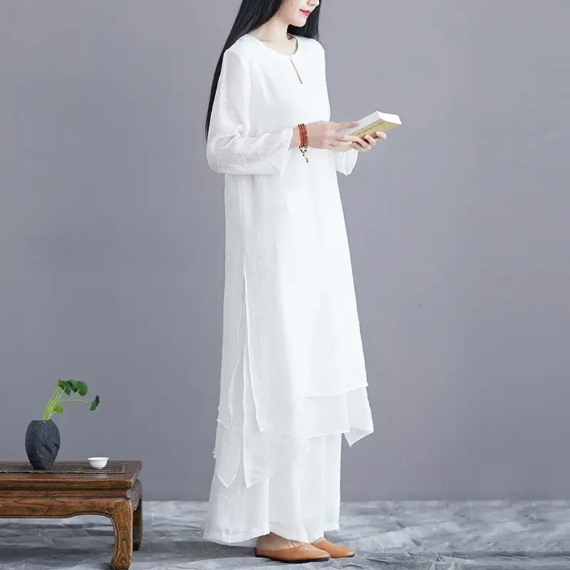 Pakaian Set kasual Zen Solid sederhana putih celana kaki lebar atasan panjang wanita pakaian Harajuku gaya China dua potong gaya etnik antik