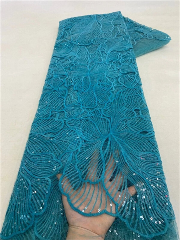 Tecido de renda de lantejoulas africanas, bordado nigeriano francês, tecidos líquidos para costura de vestido de casamento, alta qualidade, LY2837, 2024