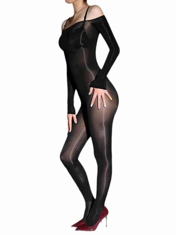 Long Sleeve Off Shoulder Shiny Bodystocking Close Open Crotch Bodysuit Seamless Front Conjoined Tights Sexy Leotard Unitard Body