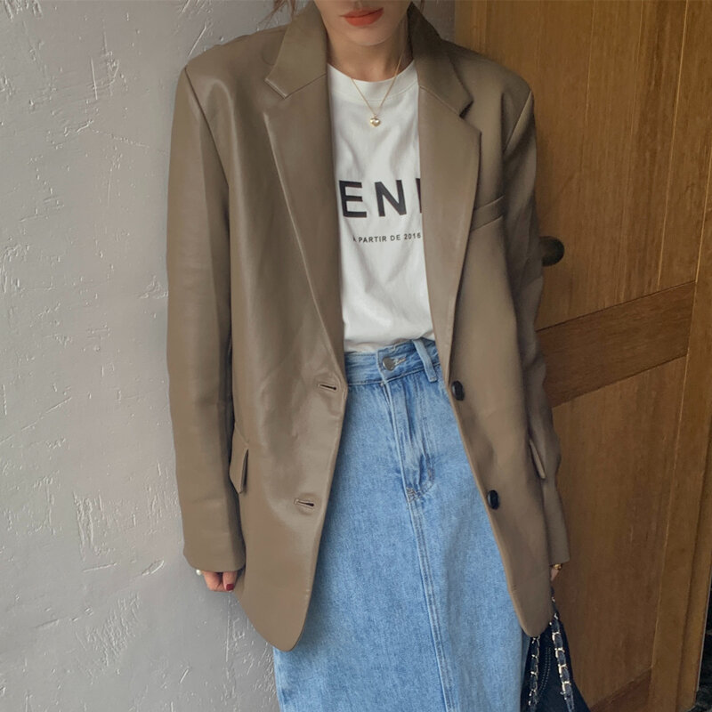 Jaqueta de PU feminina com bolsos grandes, mangas compridas, design solto, moda namorado, outono inverno
