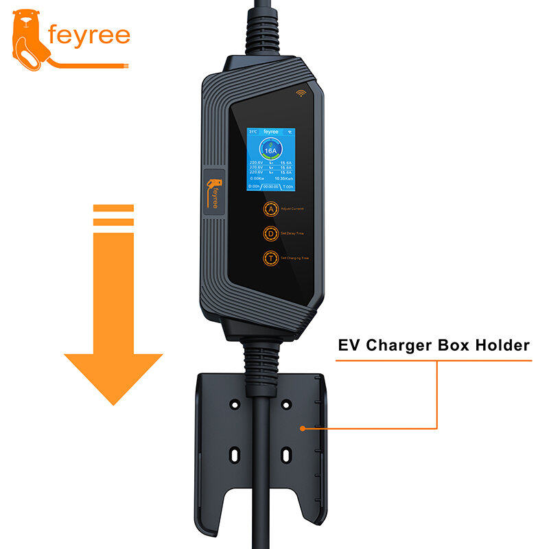 Feyree-cargador EV portátil para vehículo eléctrico, Cable tipo 2, 11kW, 16A, 3P, Control por aplicación Wi-Fi, caja de carga EVSE, enchufe CEE