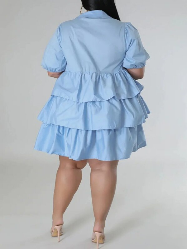 LW 플러스 사이즈 드레스 레이어드 캐스케이딩 플라운스 디자인, 귀여운 원피스 베스티도, 시크한 패션, 턴다운 넥, 섹시한 미니 원피스
