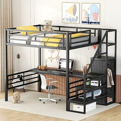 Cama Loft de tamaño completo con escritorio y armario integrados, marco de cama resistente con barandilla de almacenamiento y seguridad, sin resorte de caja necesario