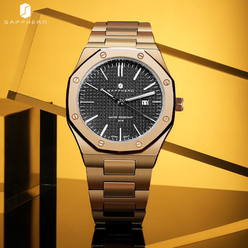 SAPPHERO 남성용 로즈 골드 팔각형 디자인 시계, 30M 방수 럭셔리 쿼츠 시계, 비즈니스 패션 시계