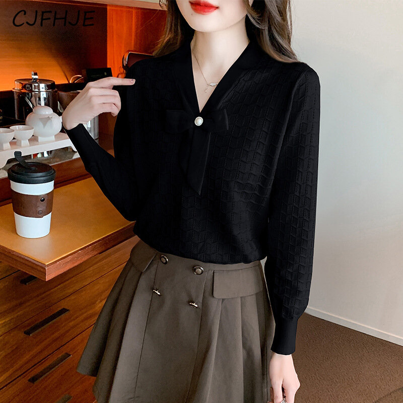 CJFHJE-suéter de manga larga con lazo para mujer, prenda de punto con parte inferior de punto fragante, versátil, estilo francés Vintage, elegante, novedad