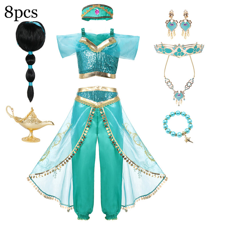Disney-Costume de princesse Jasmine pour filles, ensemble de pantalons de lampe magique Aladdin, vêtements de carnaval, robe éducative, costume de cosplay de fête d'Halloween