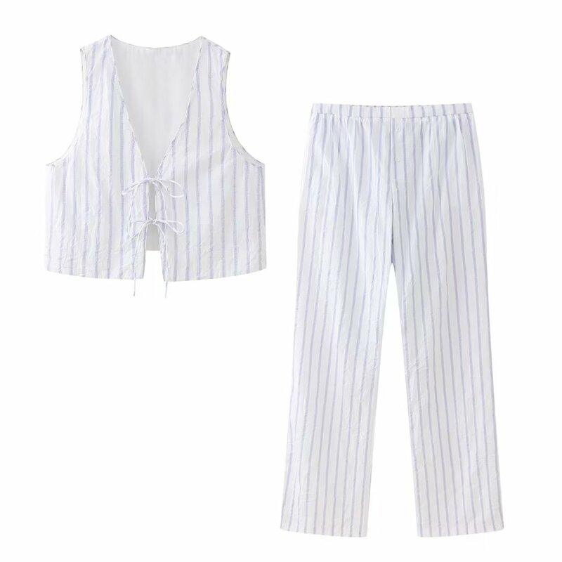 Suit Women's 2 Pieces 2024 Fashion Wrinkle Effect Striped Vest Retro Sleeveless Top Women+striped Pajamas Style Trousers Suit