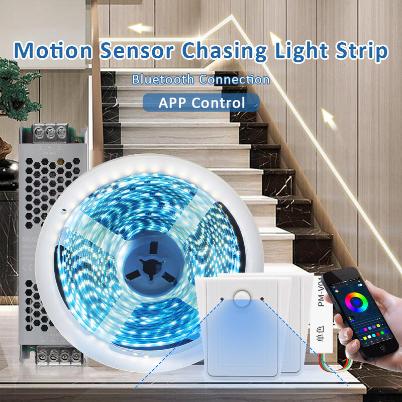 PIR Infrared Motion Sensor LED Strip Light 2835 Bluetooth 10M 15M DC 24V WS2811 Horse Race Running Water Flowing Lamp for Stairs