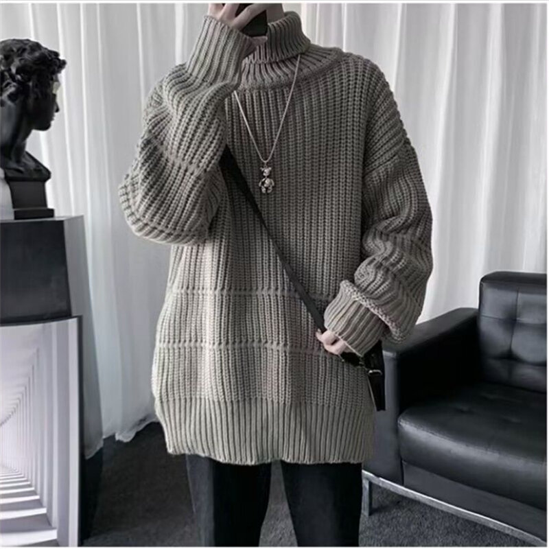 Men's Turtleneck Sweaters Casual Streetwear Solid Color Loose Knitted Sweater Male Pullovers Autumn Winter Men Clothing