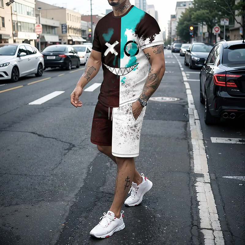 Новый модный мужской повседневный костюм летний Повседневный Спортивный костюм для бега дышащий и освежающий костюм с 3D принтом злого лица