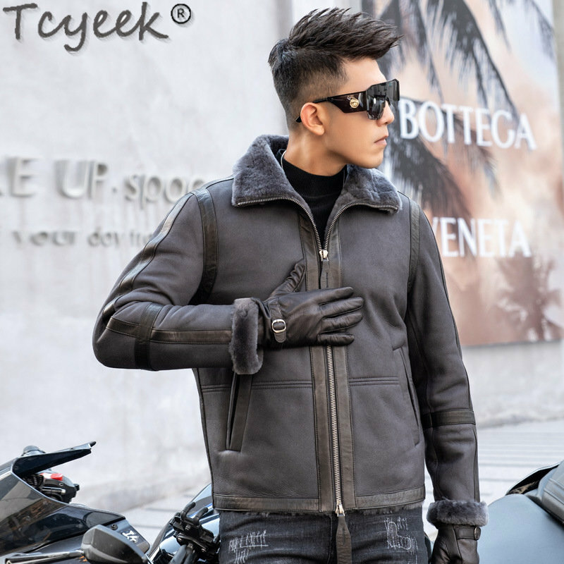Tcyek 남성용 진짜 모피 코트, 짧은 천연 가죽, 오토바이 재킷, 따뜻한 천연 양피 코트, 두꺼운 남성 의류, 겨울 패션