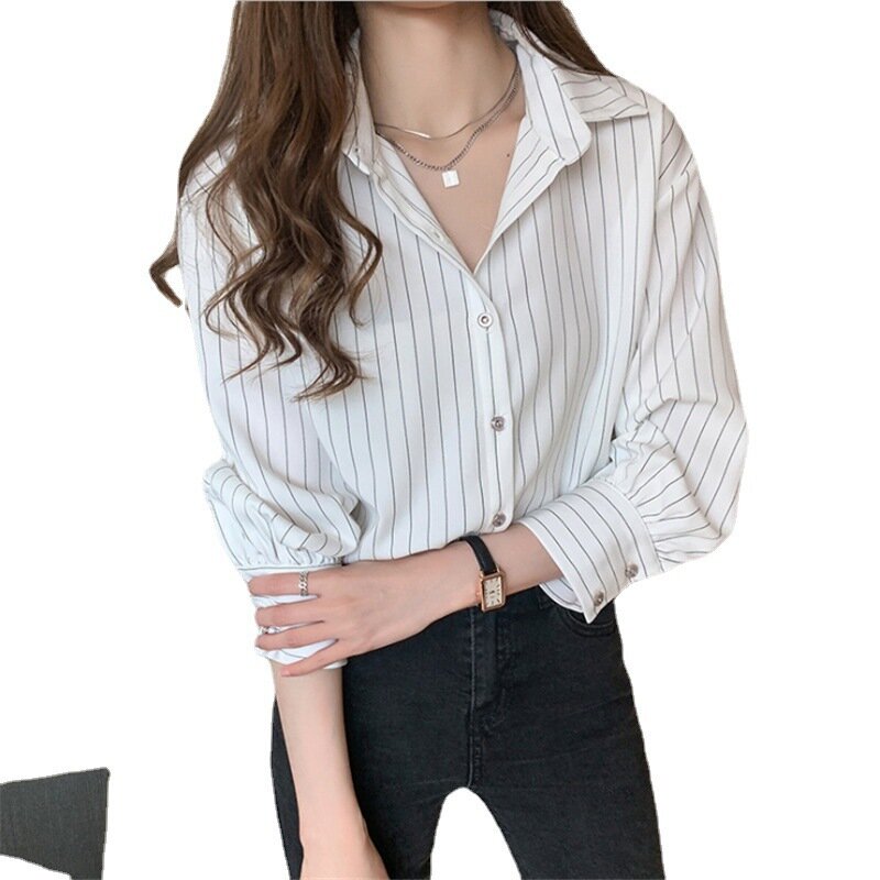 Klasyczne paski koszule damskie wiosna jesień Polo dekolt jednorzędowy długi rękaw sweter bluzka moda koszula biurowa Top kobiety
