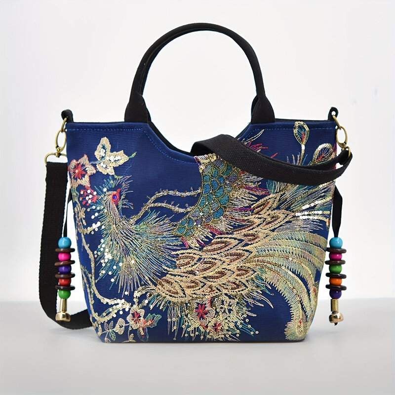 2024 модная женская сумка с вышивкой Этническая блестящая павлинья богемная ретро большая эстетичная женская сумка через плечо сумка-шоппер