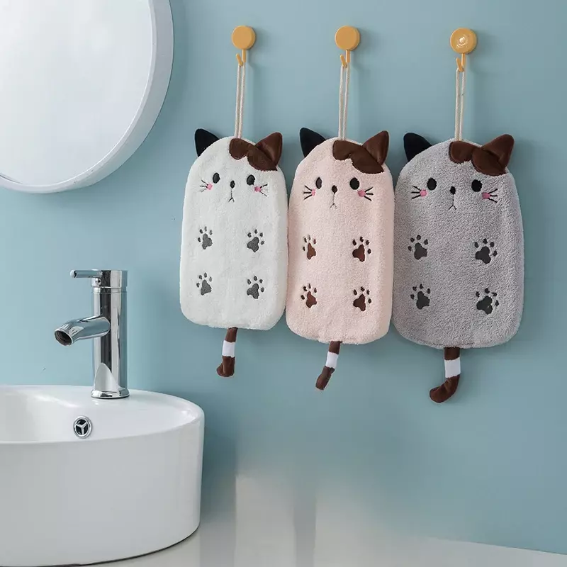 Toalla de mano bordada de gato plano de terciopelo Coral, toalla absorbente colgante para baño, cocina y baño, toalla cuadrada de doble propósito