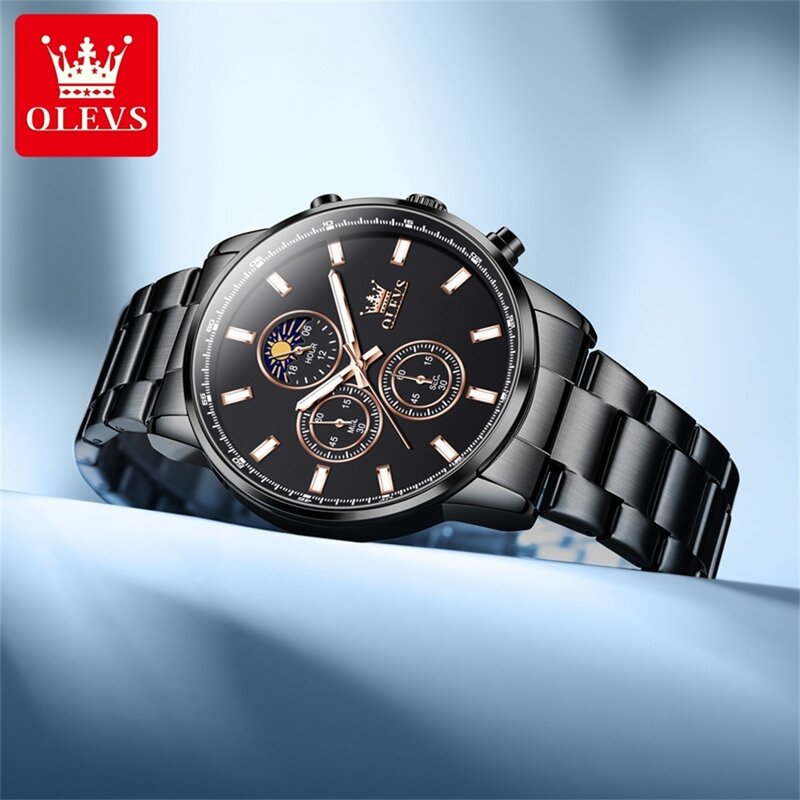 OLEVS-Relógio de quartzo de aço inoxidável para homens, cronógrafo, impermeável, calendário, fases da lua, luxo, nova moda