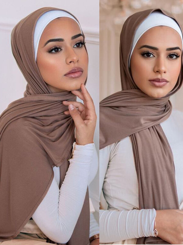 Syal Jilbab Kaos Katun Polos 180X80Cm Syal Muslim Warna Polos Turban Lembut Melar Penutup Kepala untuk Wanita Syal Jilbab