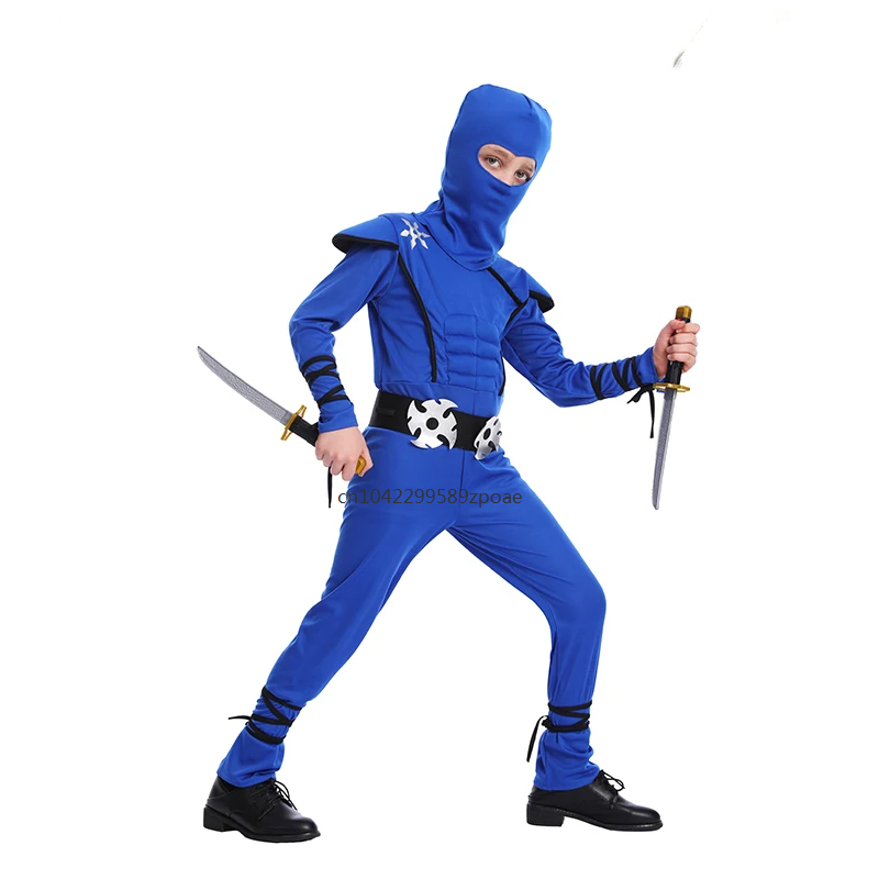 Fantasia de ninja infantil, Kungfu azul e preto Halloween Dress Up, Deluxe Muscle, roupas de festa de aniversário, meninos