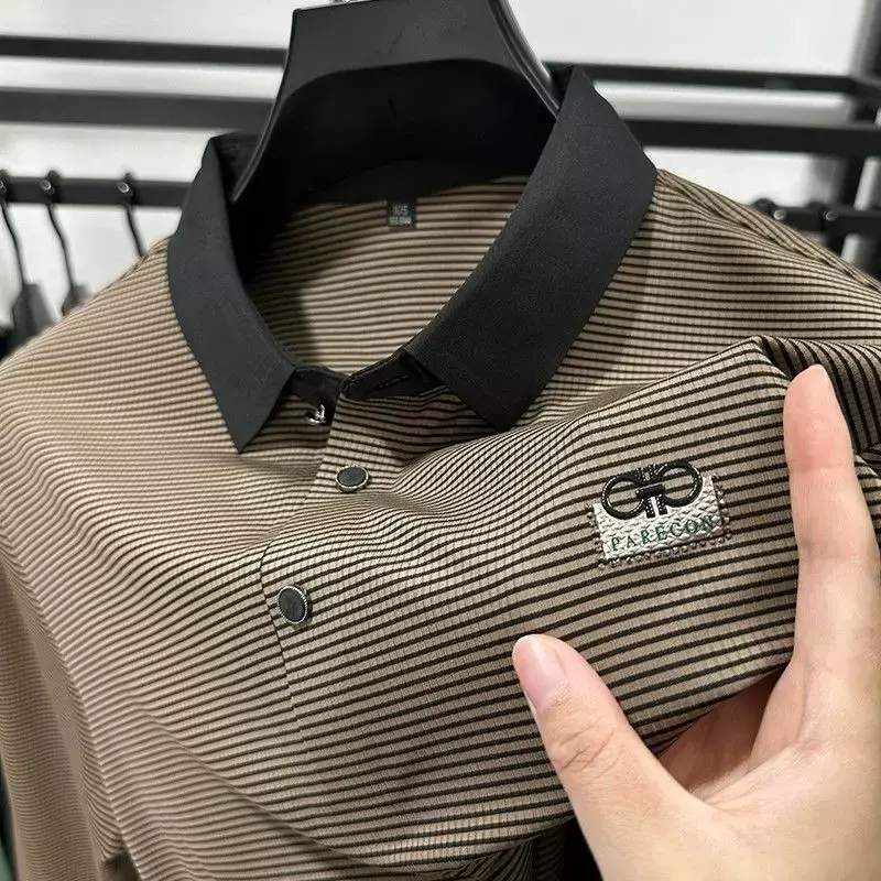 Men's seamless high-end long-sleeved T-shirt spring and autumn shirt collar striped lapel POLO shirt loose T-shirt