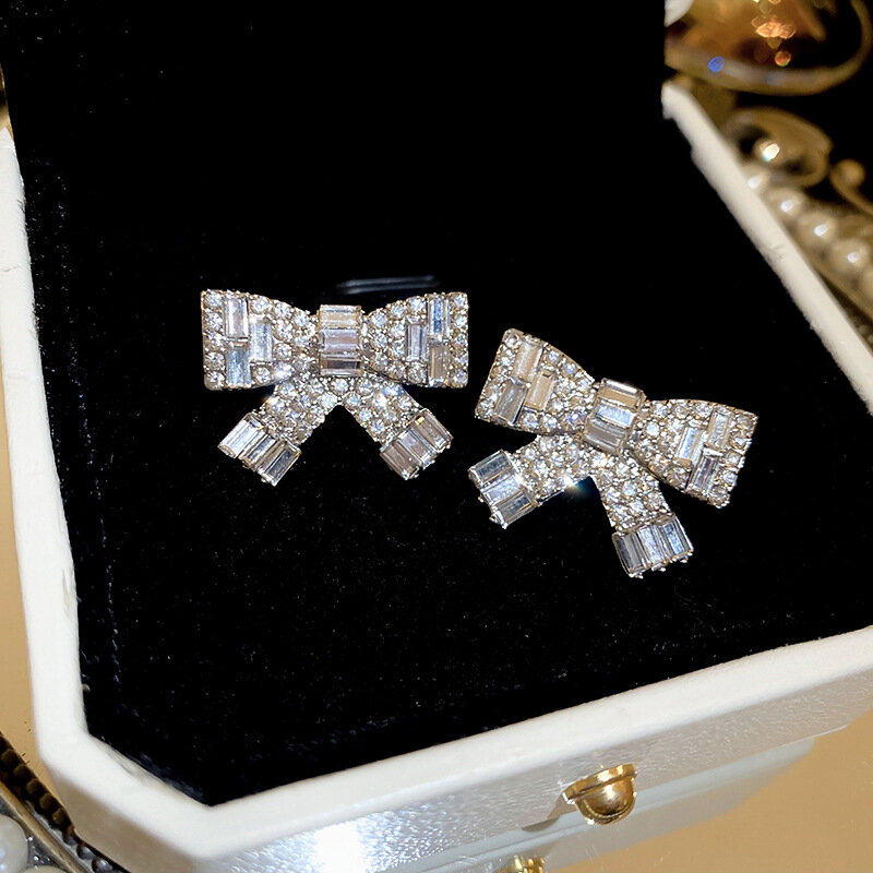 Full Rhinestone Bow Stud Earrings for Women Luxury Fashion Simple Female Jewelry