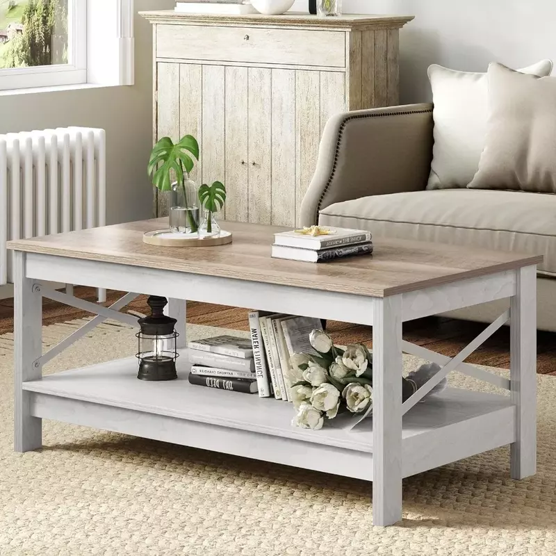 Table basse de salon en bois avec cadre robuste, table de salon moderne avec rangement, lavage gris, 2 étages, ferme