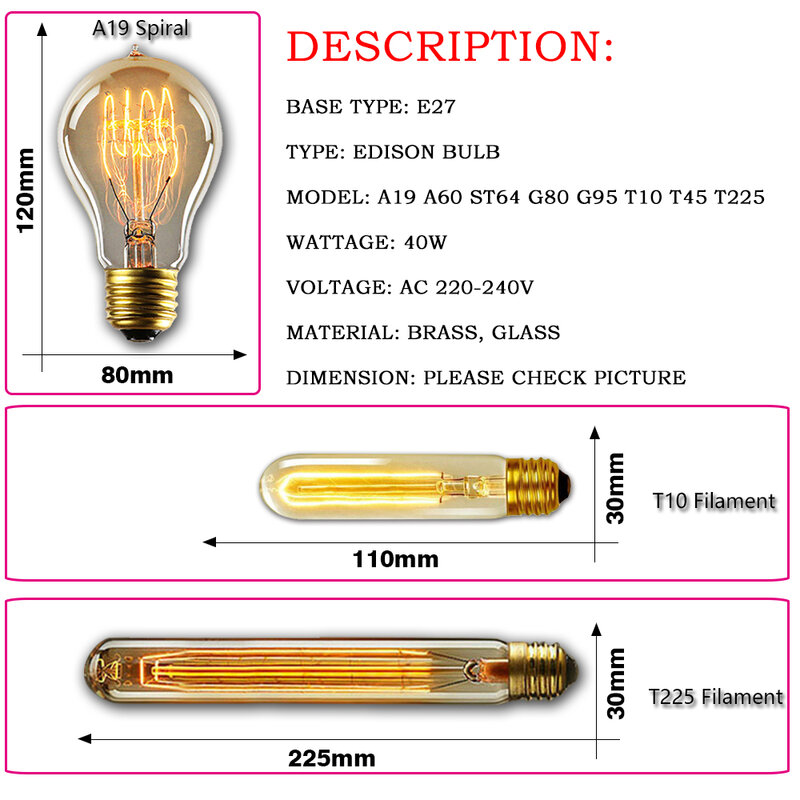Retro Edison Lampadina E27 220 V 40 W ST64 A19 A60 G80 G95 T10 T45 T185 Filamento Fiala Ad Incandescenza bulbi Vintage Edison Lampada