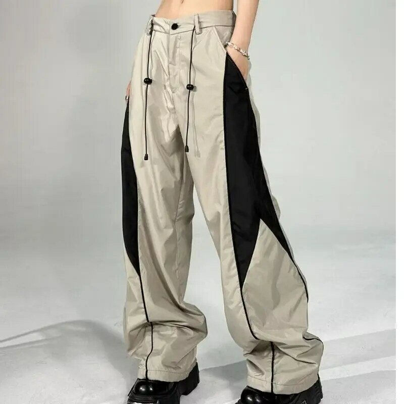 Amerykańska moda Vintage wszechstronne luźne spodnie sportowe damskie Color Block elastyczny, wysoki kieszenie w talii proste spodnie z szerokimi nogawkami