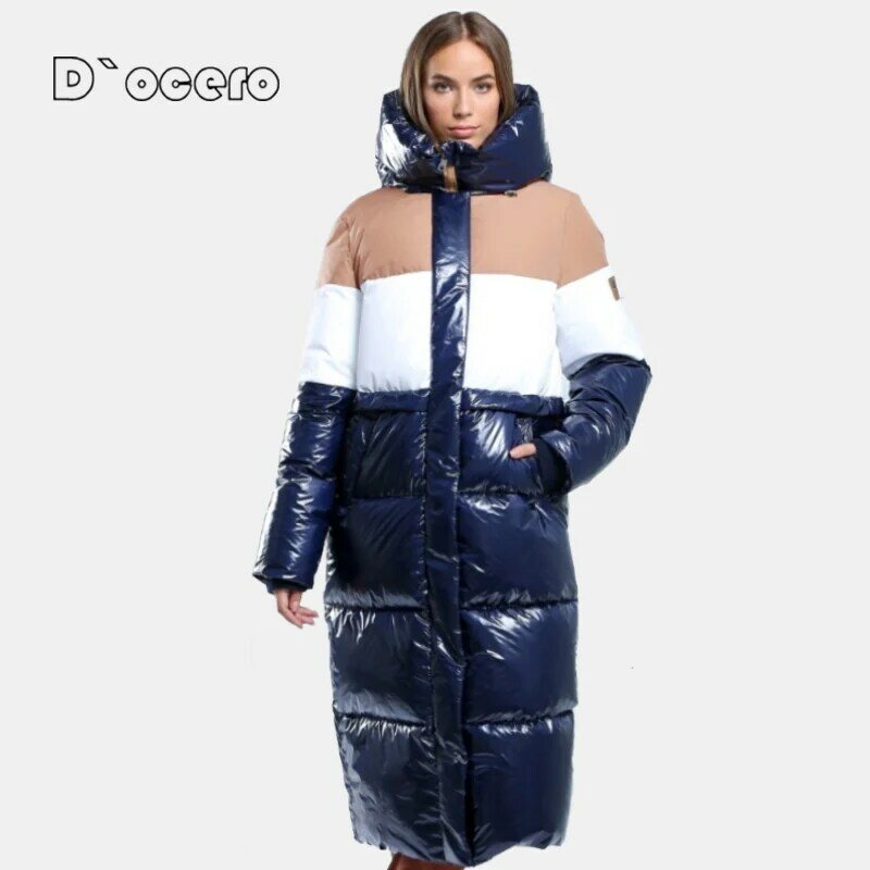DOCERO 2022 damskie zimowe ocieplane kurtki Patchwork długie kobiety wyściełane pikowane Parka zagęszczony ciepły damski płaszcz bawełna odzież wierzchnia