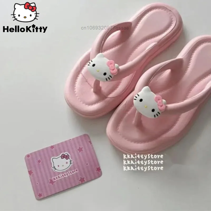 Sanrio Nieuwe Schattige Cartoon Hello Kitty Roze Teenslippers Voor Dames Zomer Strandslippers Vrijetijdsschoenen Met Platte Onderkant