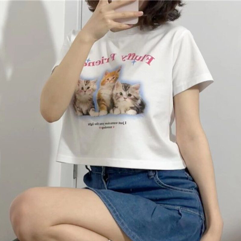 Deeptown-camisetas con estampado de gato Kawaii para mujer, Tops recortados con gráfico bonito, camisetas holgadas de manga corta Y2k de algodón Harajuku, camisetas informales de verano