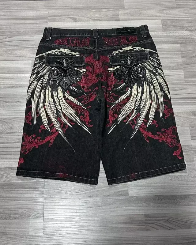 New Y2K Denim Loose Shorts Men's Wing Embroidery American Retro Hip Hop Gothic Punk Casual Loose Summer High Quality Shorts