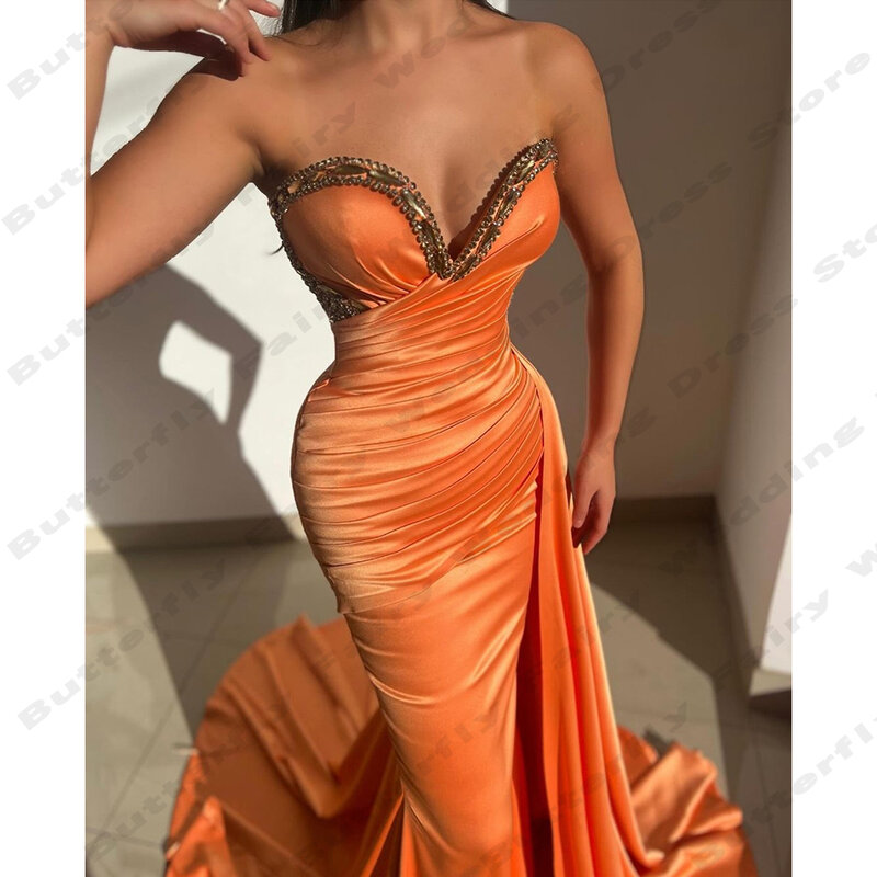 Gaun malam wanita oranye gaun pesta dansa Cocktail selebriti mode Off Shoulder tanpa lengan seksi Satin gaun pesta dansa