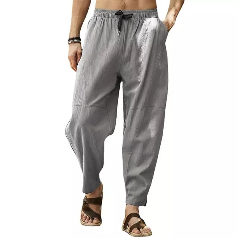 Męskie bawełniane spodnie na co dzień do kostek Trend hip-hopowy luźne spodnie na nogawki w jednolitym kolorze elastyczny sznurek do ściągania talii spodnie haremowe L-5XL