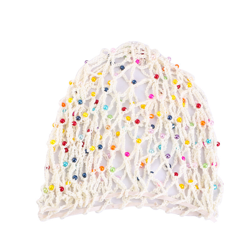 شبكة شعر باللؤلؤ الملونة للنساء ، شبكة رايون ناعمة ، غطاء ليلي للنوم ، قبعة كبيرة الحجم محبوكة ، إكسسوارات جديدة