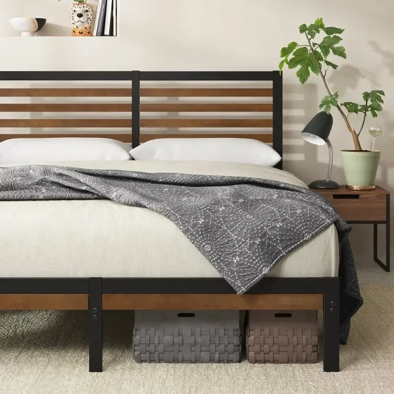 Queen size Bed Frame, 35" Bamboo and Metal Platform Beds Frame, Brown Queen Bed Frame