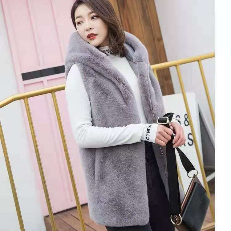 2023 Women Autumn Winter New Imitation Rex Rabbit Fur Vest Female Solid Color Sleeveless Coats Ladies Faux Fur Hooded Vest Y442