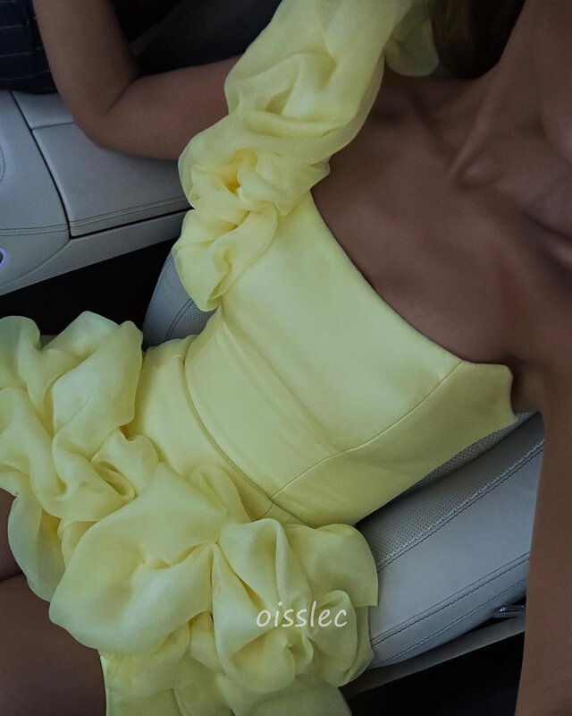 Oisslec-女の子のための短い花柄のフリルのomomicドレス,裸の肩,ミニイブニングドレス,黄色,2024