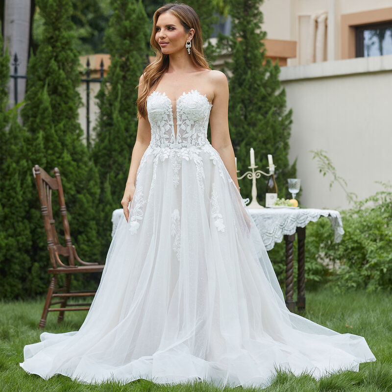 Elegant Lace Wedding Dresses for Women 2024 Sleeveless Deep V-Neck Sparkly Bridal Gowns Sweetheart Wedding Gown for Women Luxury