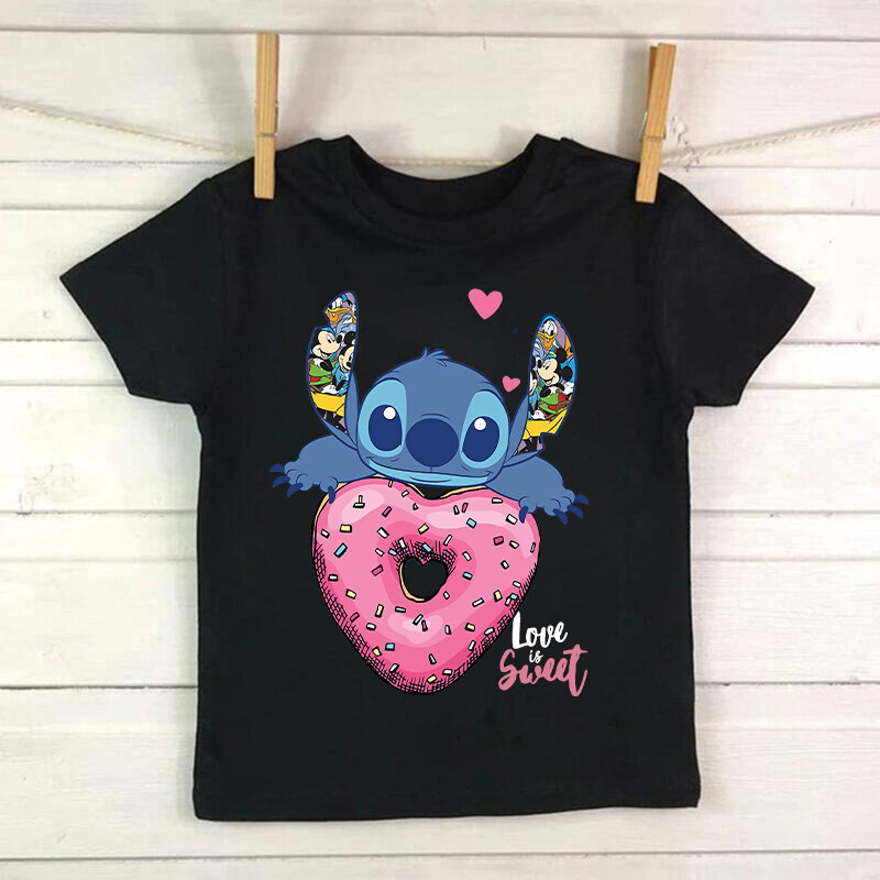 Kawaii Lilo e Stitch Cartoon t-shirt infantil, top gráfico mangá fofo para crianças, camisetas para menina e menino, novo