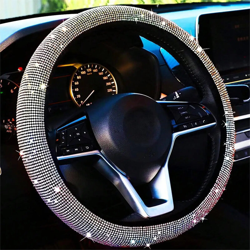 Leather Steering Wheel Cover, Bling Crystal Rhinestones Universal Fits 15 Inch Car Wheels Protector for Women