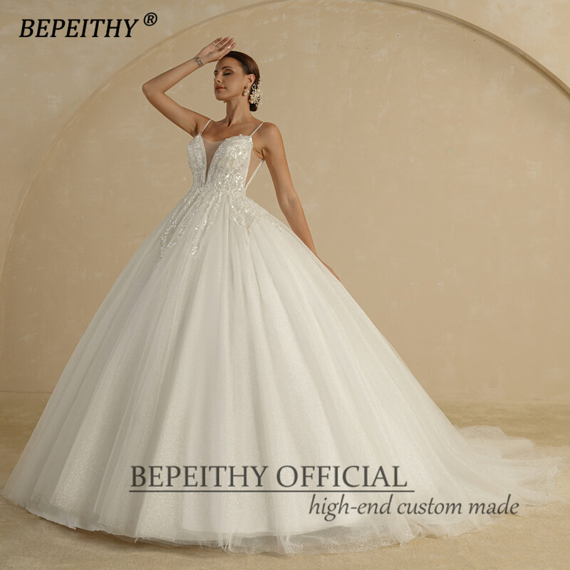 Bepeithy luxo marfim vestidos de casamento para mulheres cintas de espaguete decote em v tribunal trem glitter noiva beading nupcial bola vestido
