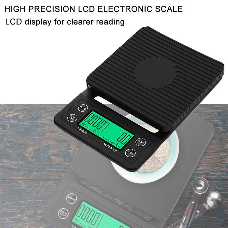 Báscula negra de precisión para caída de café, balanza LCD de alta precisión con temporizador, 0,1g, 1 unidad