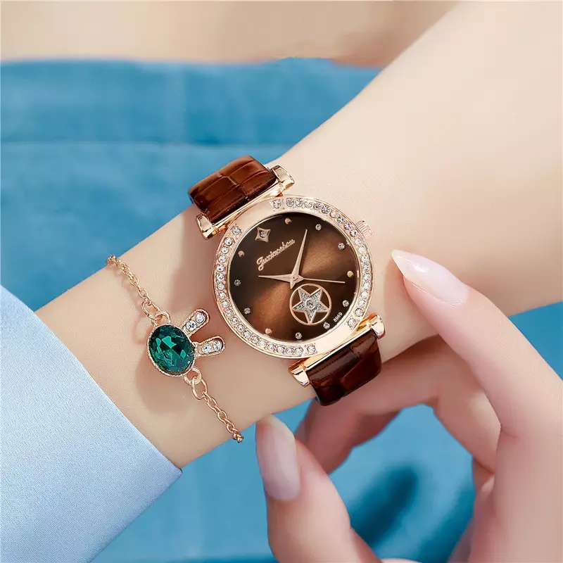 Montre à quartz brillante avec bracelet en cuir PU pour femme, motif pentagramme, biscuits, montres-bracelets de luxe, horloge féminine, mode