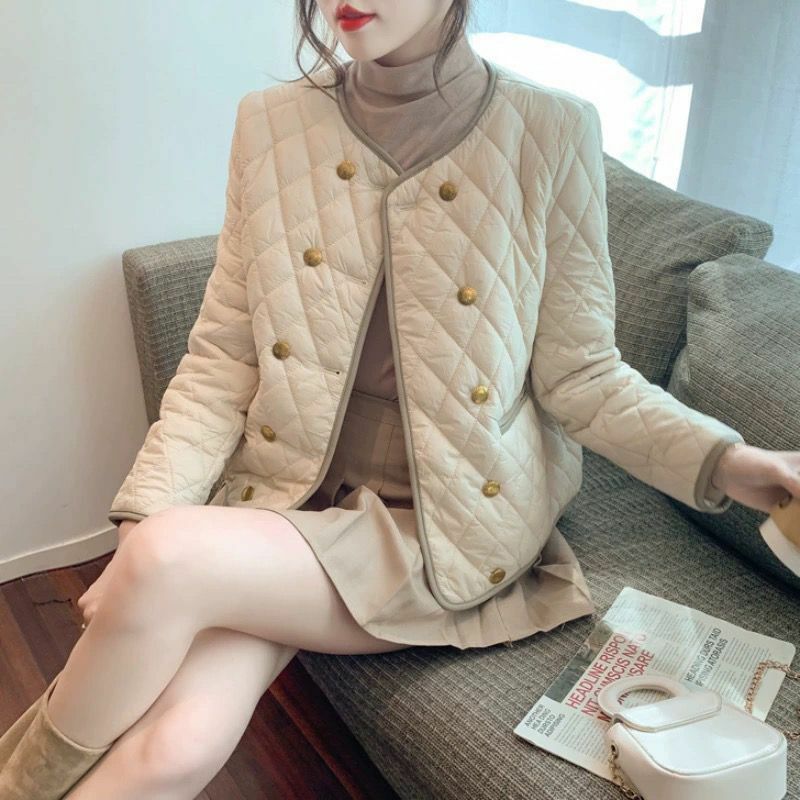 Parka matelassurera en coton à double boutonnage pour femme, manteau à col rond vintage, veste en duvet, parkas légères et chaudes, mode coréenne
