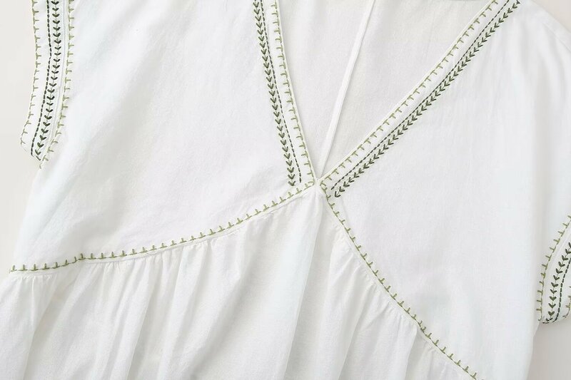 TRAFZA-vestido casual com decote em v para mulheres, bordado, manga curta drapejada, mini saia, primavera e verão, 2024