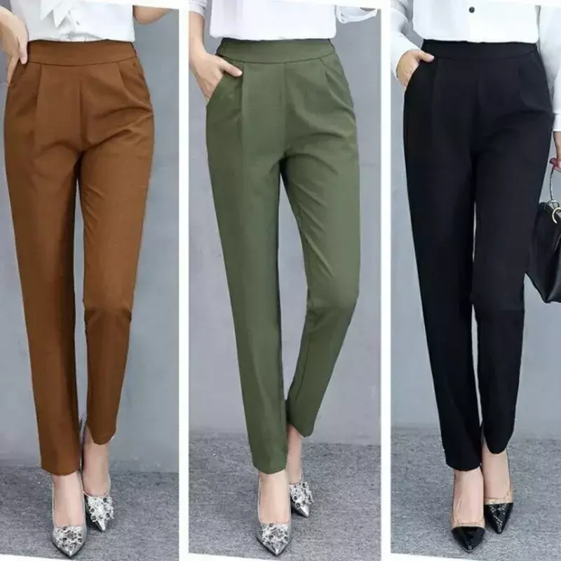 Calças elásticas femininas que combinam com tudo, calças harém clássicas, casual para negócios com bolsos, calças finas de cintura alta