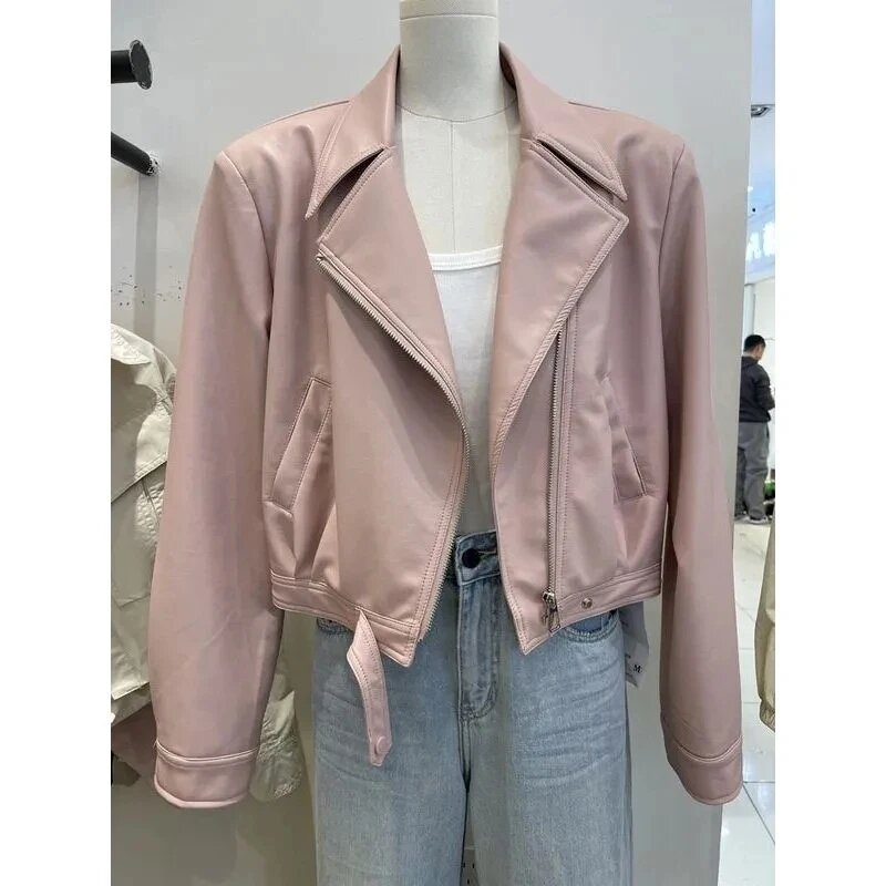 NEW Spring Autumn PU Leather Jacket Women Lapel Collar Zipper Solid Color Short Motorcycle Outwear Brown Lady Soft Leather Coat