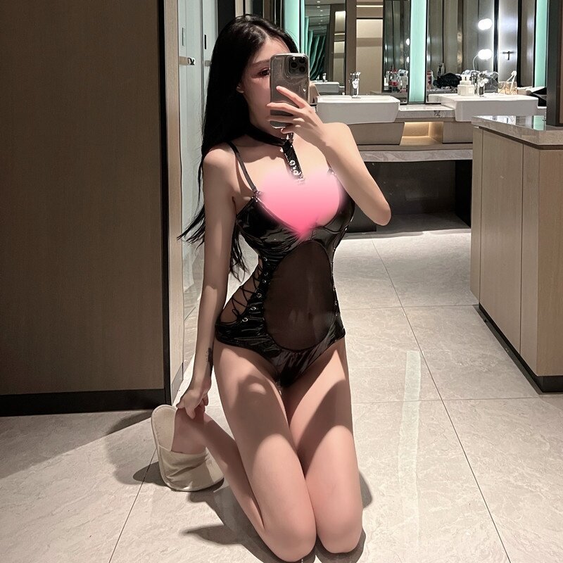 Erotic underwear, women's glitter leather jumpsuit with lace-up uniform, seduction, open, no-take, sexy patent leather suit