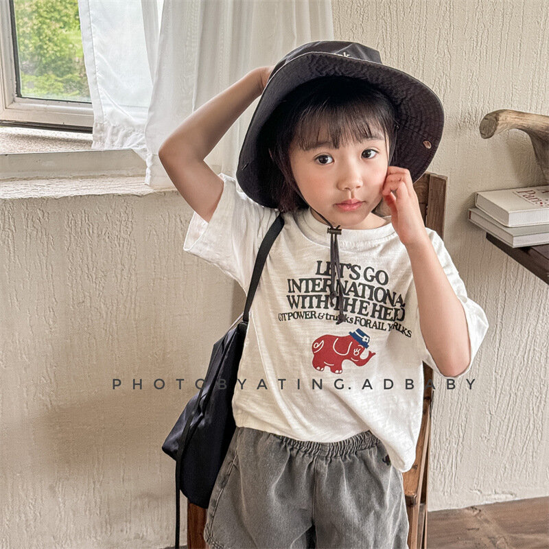 Camiseta de algodão de manga curta infantil, carta estampada, camiseta casual, tops versáteis, roupas infantis, meninos, meninas, verão, novo, 2022